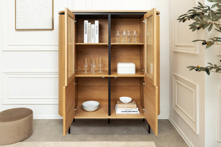 ATELIER highboard 140cm, natural oak effect with black legs