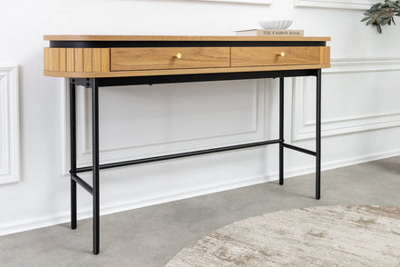 ATELIER console table 120cm, natural oak wood finish with black metal frame