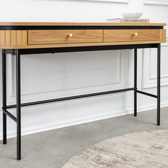 ATELIER console table 120cm, natural oak wood finish with black metal frame