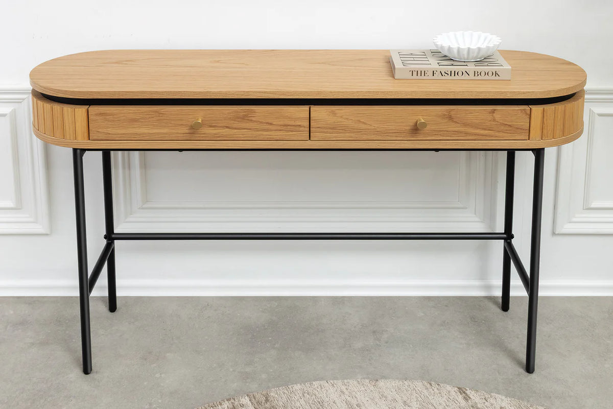 ATELIER console table 120cm, natural oak wood finish with black metal frame