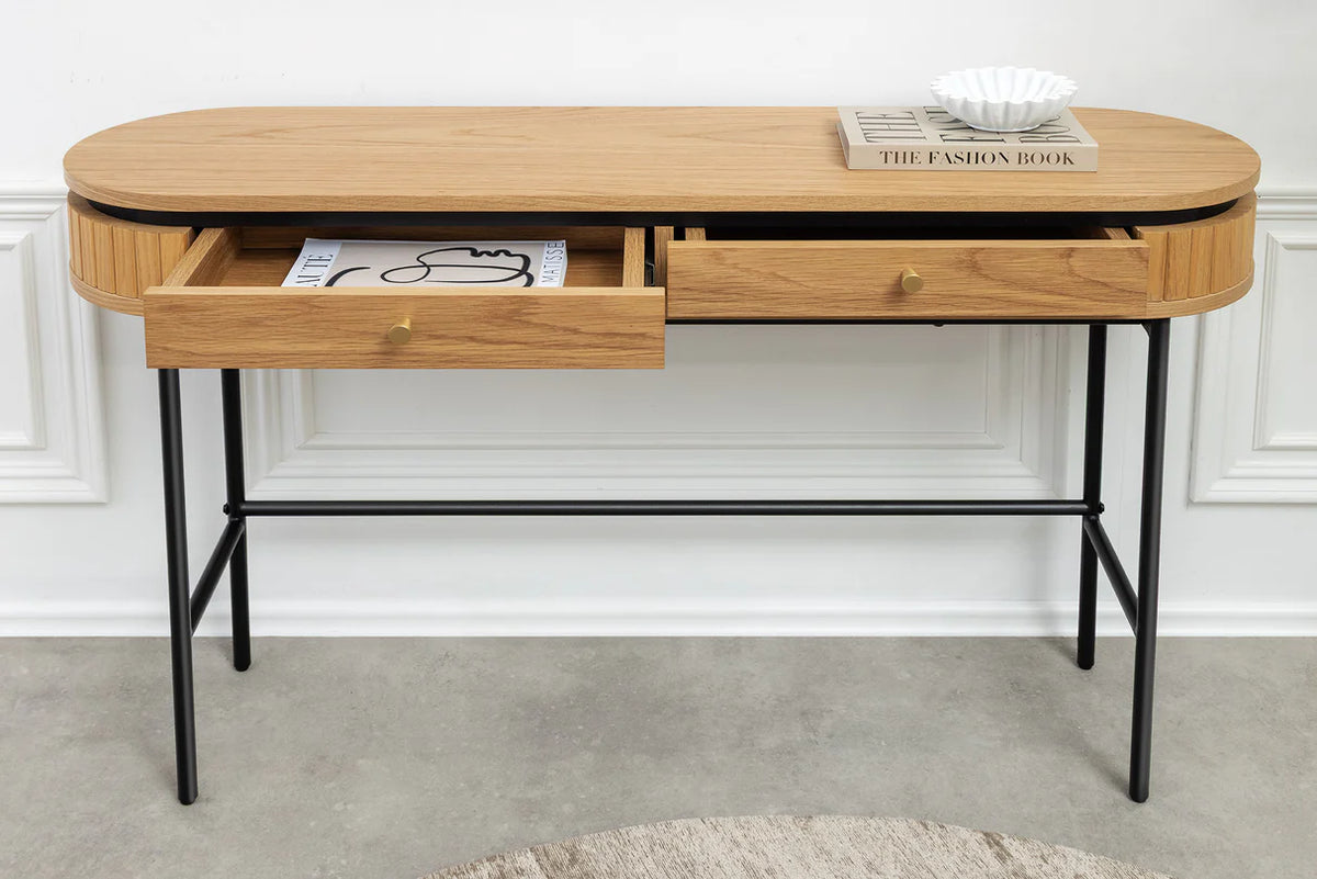 ATELIER console table 120cm, natural oak wood finish with black metal frame