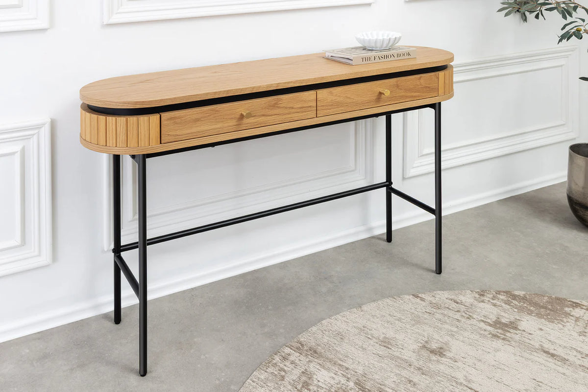 ATELIER console table 120cm, natural oak wood finish with black metal frame