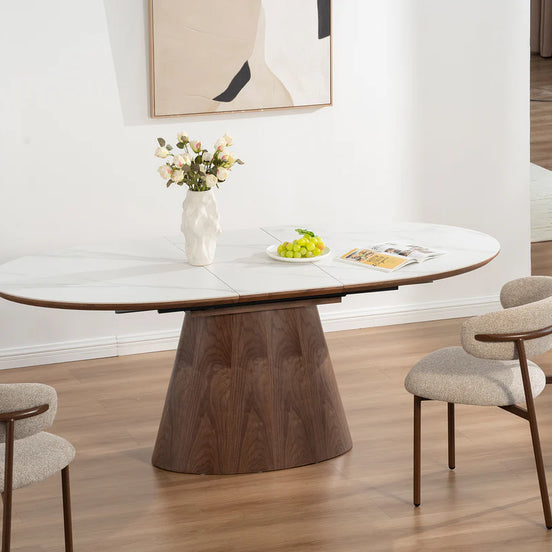 Dining table UNIQUE 160-200cm extendable dark walnut wood look white ceramic marble top