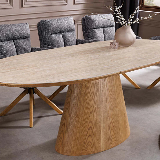 Dining table UNIQUE 160-200cm extendable oak wood look ceramic top travertine