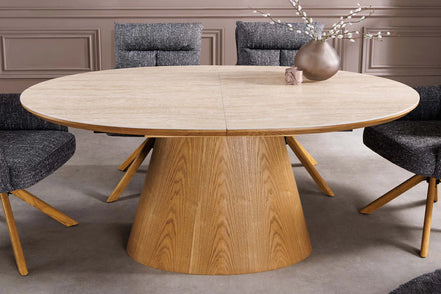 Dining table UNIQUE 160-200cm extendable oak wood look ceramic top travertine