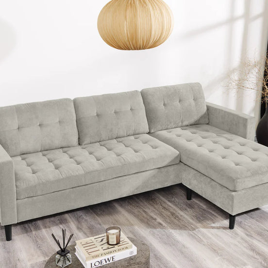 Sarokkanapé STOCKHOLM 220 cm 3 személyes rugós mag kordbársony szürkésbézs