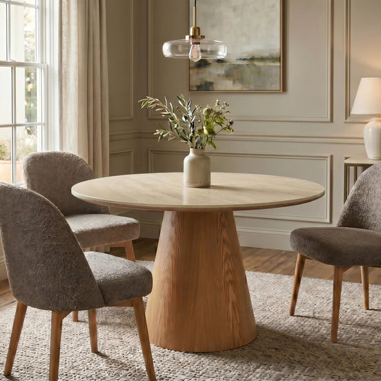 Dining table UNIQUE 120cm round oak wood veneered w/ ceramic top travertine stone