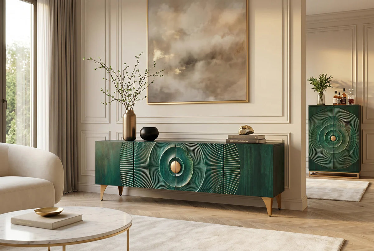 TV cabinet GOLDEN SUNSET 180 cm 3D mango wood turquoise