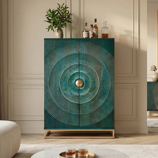 Bárszekrény GOLDEN SUNSET 140 cm 3D mangófa türkiz kézzel készített