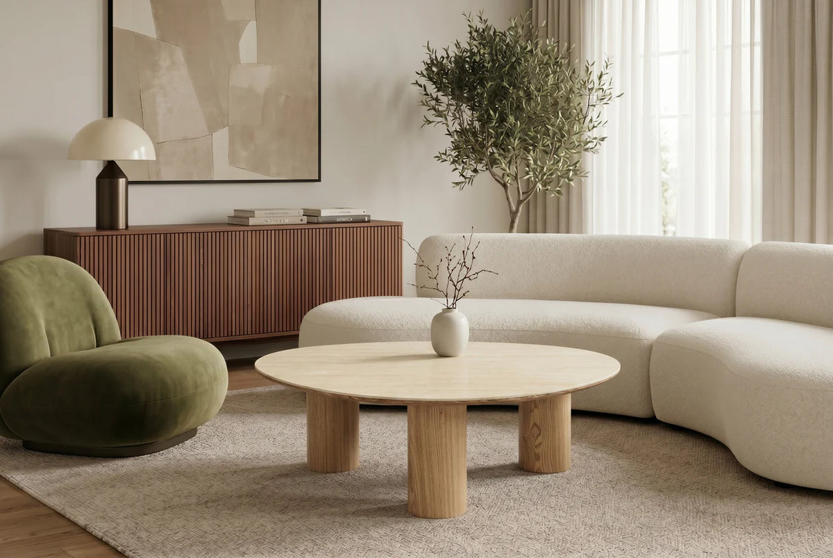 ORGANIKO coffee table 110cm natural ceramic look w/ oak wood look frame
