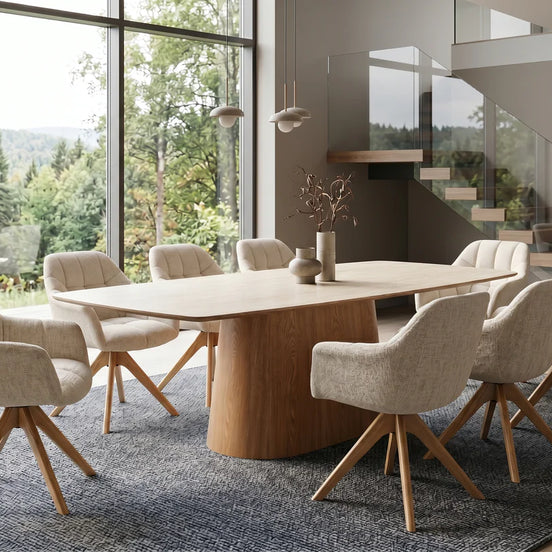 Dining table UNIQUE 200cm oak wood veneered w/ ceramic top white marble light brown