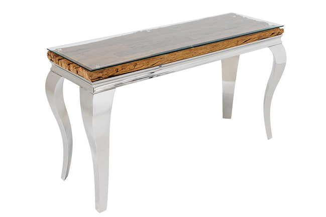Konzolasztal MODERN BAROCK BARRACUDA 140 cm króm üveglappal tíkfa lap nélkül