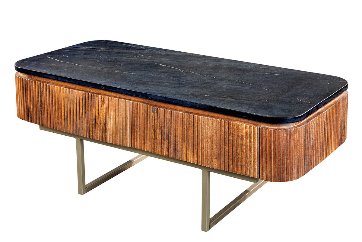 GATSBY coffee table 110cm retro style mango wood gold marble top black