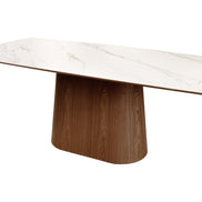 Dining table UNIQUE 200cm oval frame walnut wood veneered ceramic white marble top