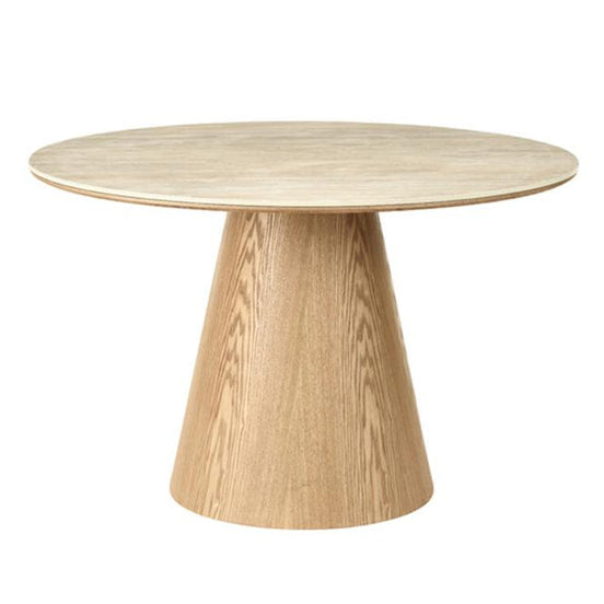 Dining table UNIQUE 120cm round oak wood veneered w/ ceramic top travertine stone