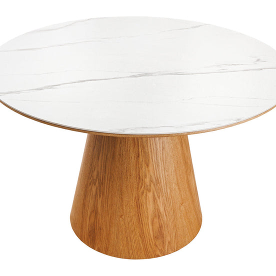 Dining table UNIQUE 120cm round oak wood veneered w/ ceramic white marble top