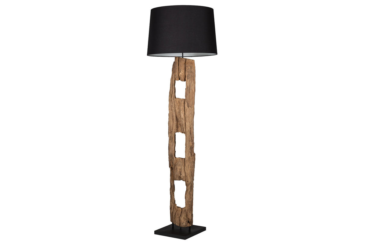 BARRACUDA floor lamp 177cm recycled acacia wood w/ black cotton shade