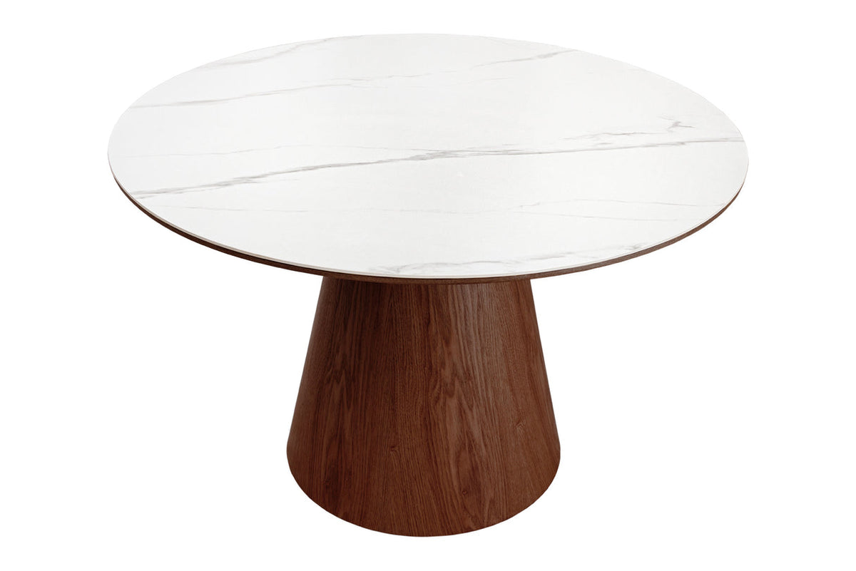 Dining table UNIQUE 120cm round walnut wood veneered ceramic white marble top