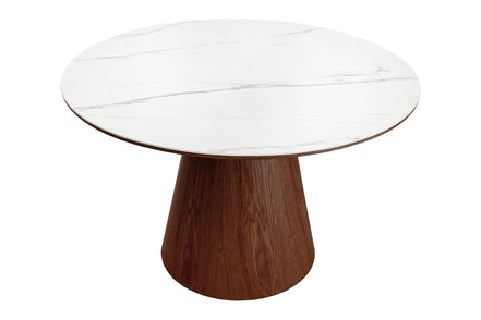 Dining table UNIQUE 120cm round walnut wood veneered ceramic white marble top