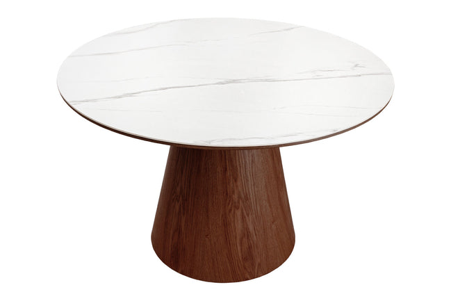 Dining table UNIQUE 120cm round walnut wood veneered ceramic white marble top