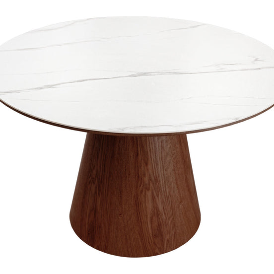 Dining table UNIQUE 120cm round walnut wood veneered ceramic white marble top