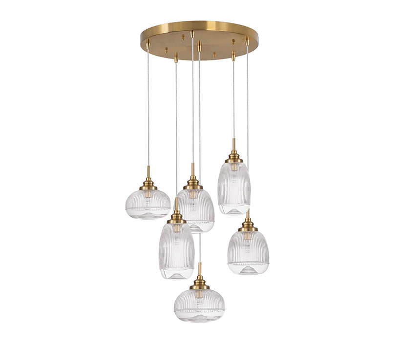 Multi-arm pendant lamp with clear cut glass shades
