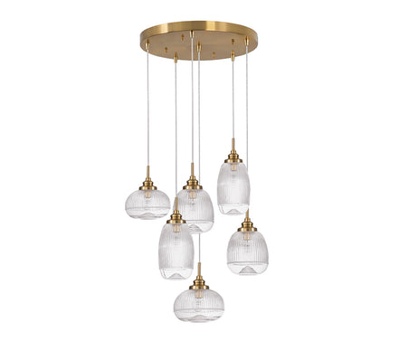 Multi-arm pendant lamp with clear cut glass shades